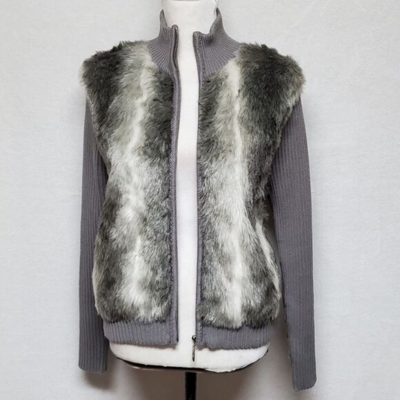 Victoria Harbour Vintage 1990s Faux Fur Ribbed Knit Mock Neck Sweater Jacket - Picture 13 of 14